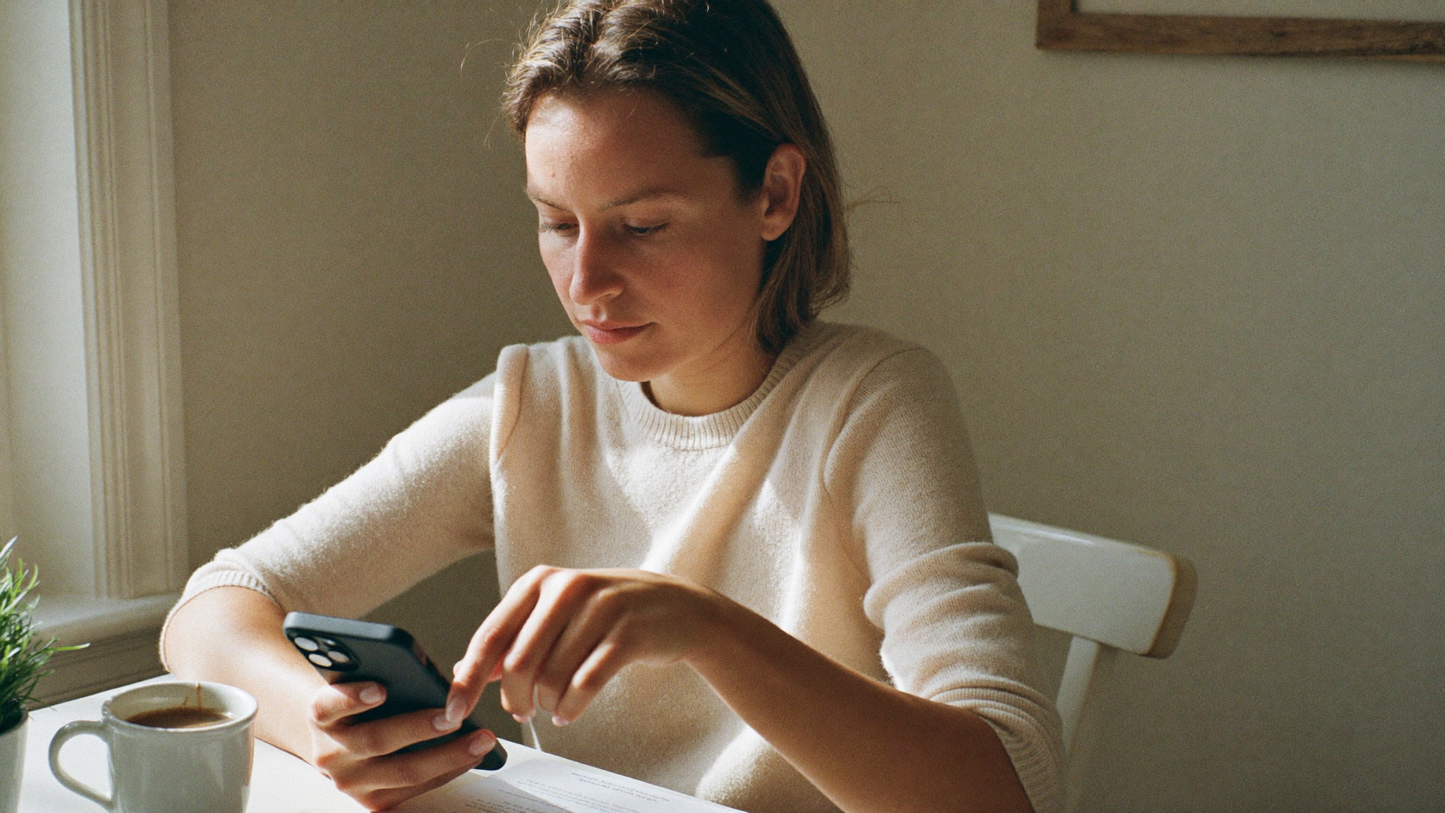 A patient completing a telehealth intake questionnaire on a phone at home in natural light